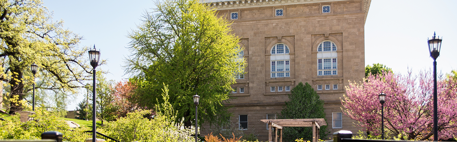 Photograph of west side of Lathrop Hall in the spring